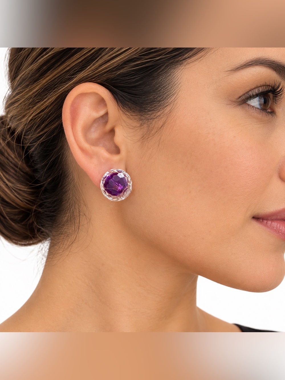 Purple Double-Sided Sphere Earrings Clear Faceted Crystal Statement Jewelry